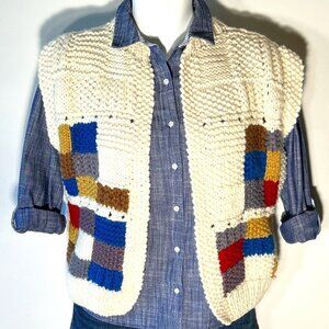 Russ SZM Vintage Wool Blend  Handknit Color Block Vest 80's Made n Italy Cottage